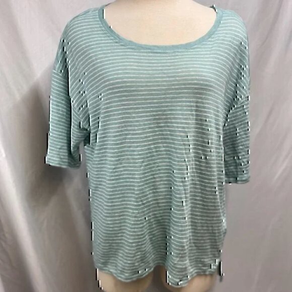 NEW NWT NICOLE MILLER Aqua Green White Stripe 100% Linen Boxy Short Sleeve Top S - Picture 2 of 10